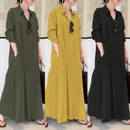 👗 Spiritual Abacus – Women’s Summer Cotton Linen Long Shirt Dress - Simple & Loose Fit • Long Sleeve • Lapel Collar • Pockets • Plus Size Friendly