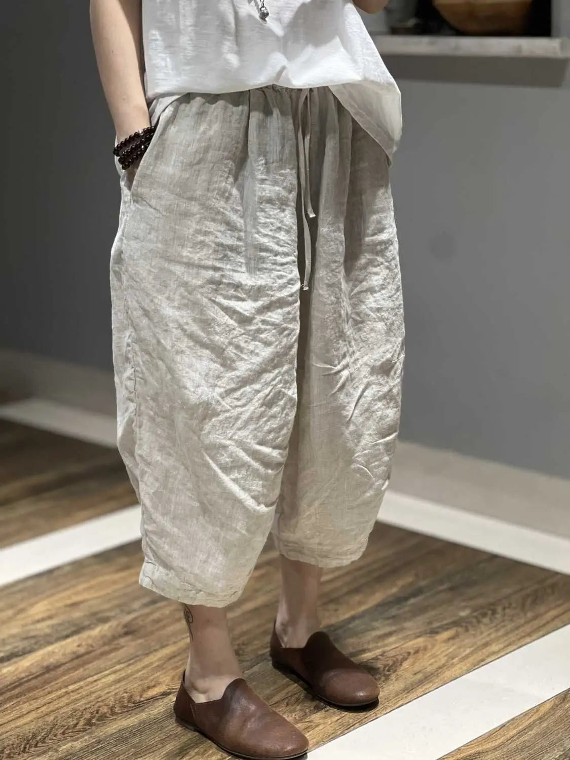 🌀 Spiritual Abacus – Cotton Linen Cropped Harem Pants (Unisex) - Solid Color • Elastic Waist • Loose Fit • Retro Casual Style