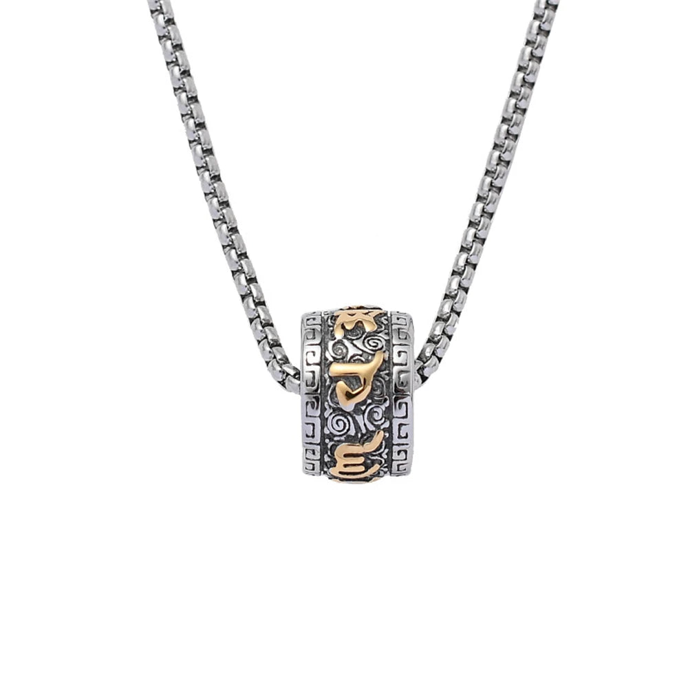 🔱 Spiritual Abacus Six-Character Mantra Necklace Vintage Stainless Steel Buddhist Pendant for Men