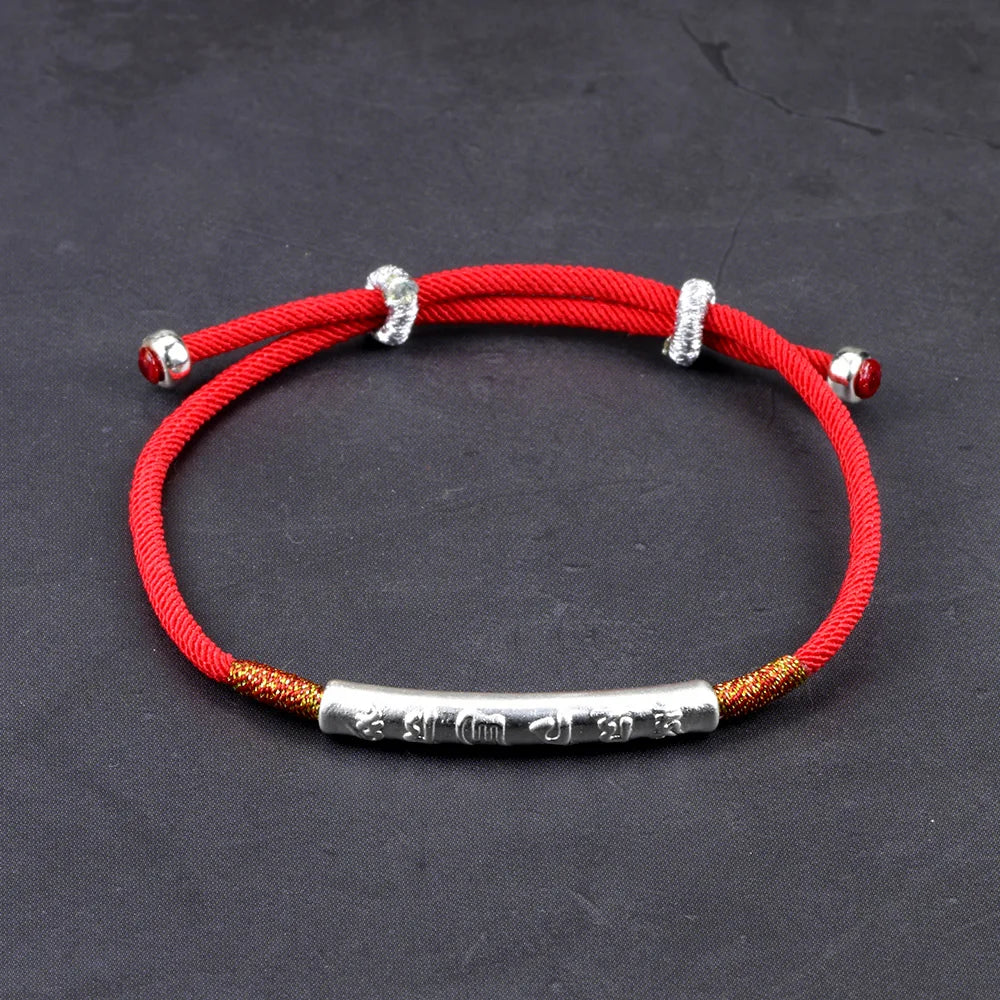 Spiritual Abacus™ 999 Sterling Silver Red String Bracelet – Handmade Gold Accent Six-Character Engraved Charm for Women