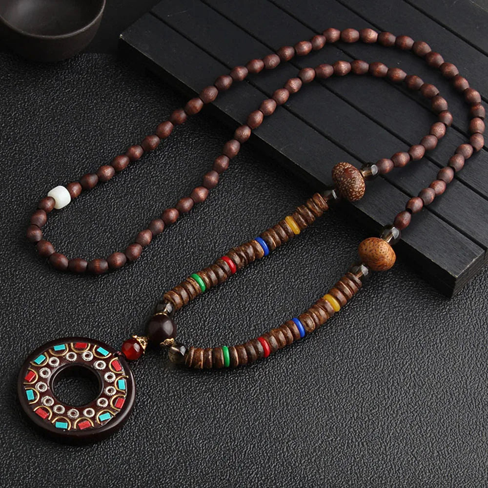 📿Spiritual Abacus Ethnic Necklace – Nepal Buddhist Jewelry - Handmade Wooden Beads • Spiritual Long Necklace