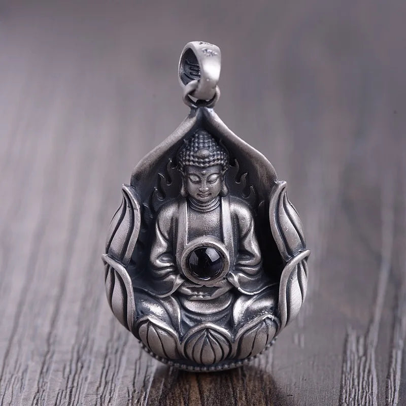 Spiritual Abacus™ 999 Sterling Silver Guanyin & Buddha Mantra Pendant – Lotus Design Retro Amulet Necklace with Six-Word Engraving