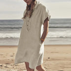 👗 Plus Size Cotton & Linen Summer Button Dress (L–5XL)
Short Sleeve • Lapel Collar • Solid Color • Loose Fit with Pockets