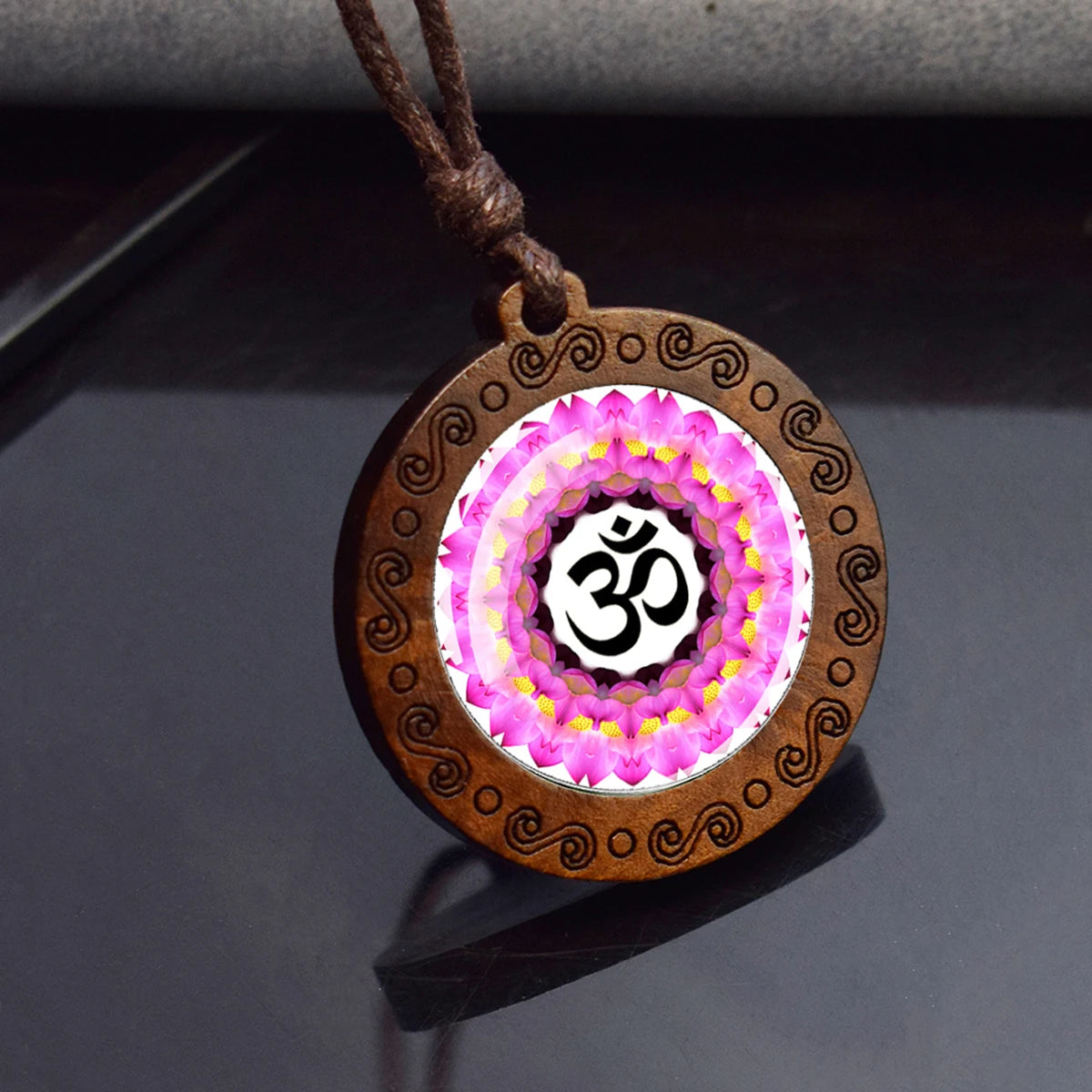 Spiritual Abacus™ Wooden OM Pendant Necklace – Symbol Glass Dome Yoga & Meditation Jewelry