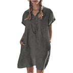👗 Plus Size Cotton & Linen Summer Button Dress (L–5XL)
Short Sleeve • Lapel Collar • Solid Color • Loose Fit with Pockets