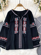 👚Spiritual Abacus – Retro Ethnic Embroidered Cotton Linen Top for Women - Loose Fit • Slimming Cut • Overhead Pullover Style • Spring & Autumn Comfort