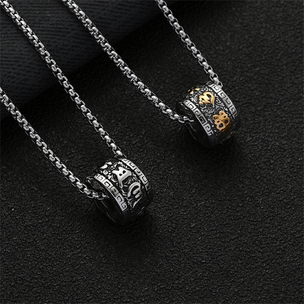 🔱 Spiritual Abacus Six-Character Mantra Necklace Vintage Stainless Steel Buddhist Pendant for Men