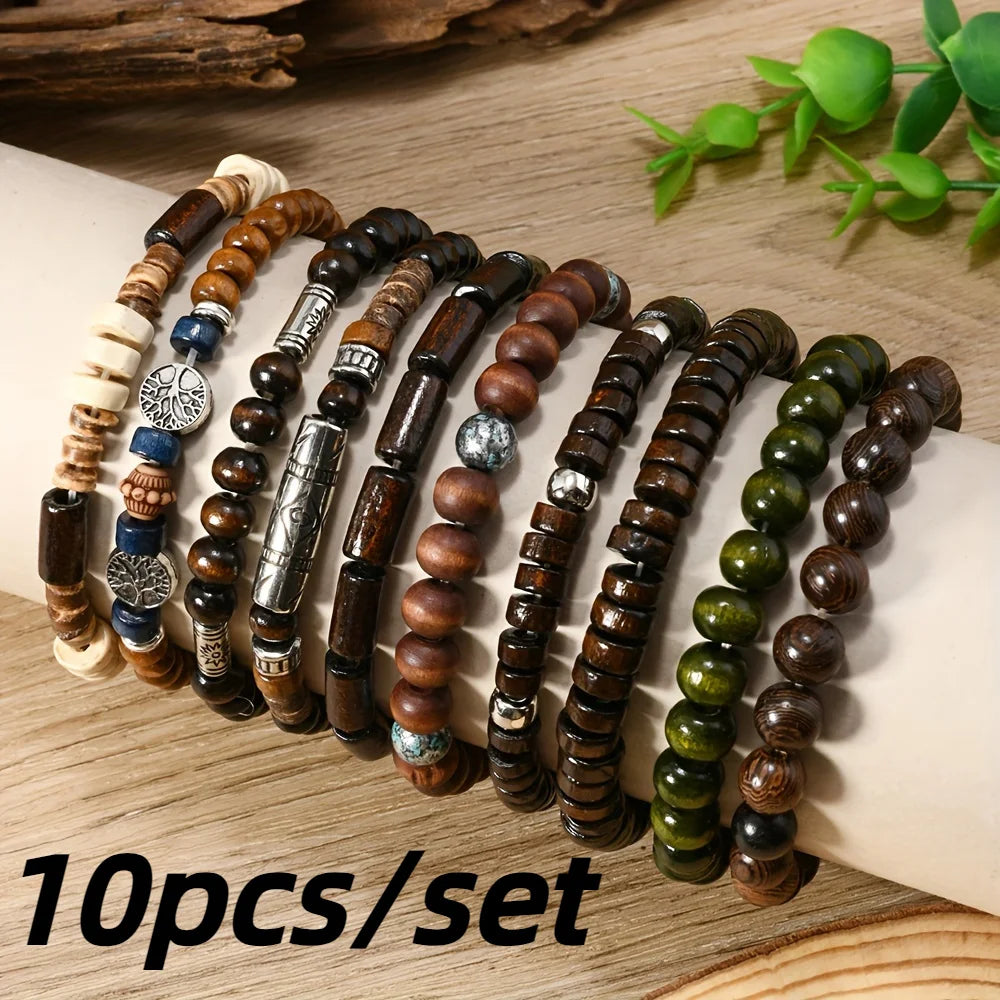 🌿 Spiritual Abacus – 10pcs Boho Ethnic Beaded Bracelet Set for Men | Multi-Layer Wooden Beads & Tree of Life Stackable Bracelets