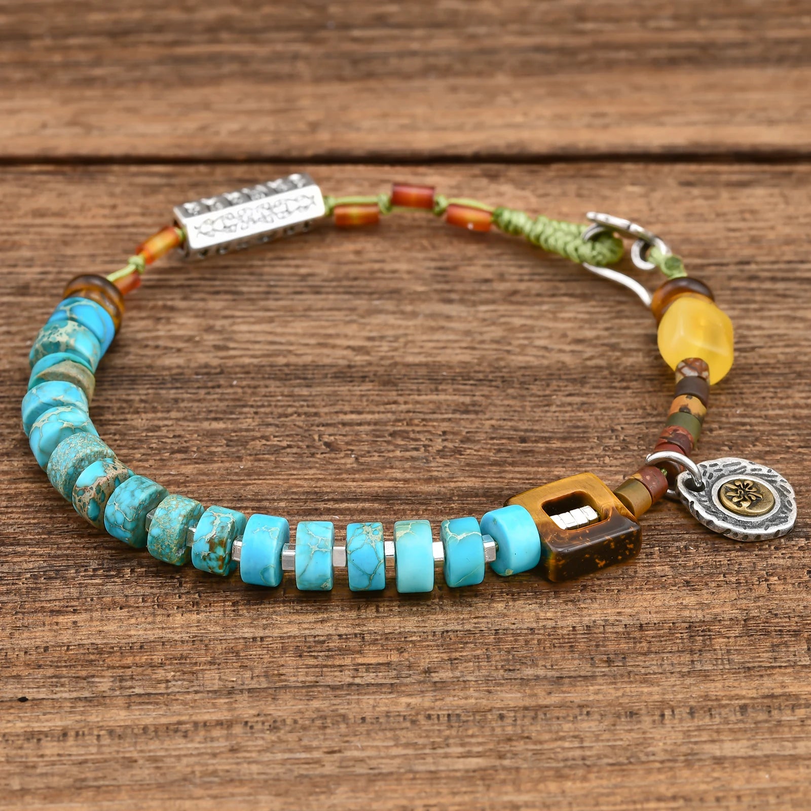 🍃 Spiritual Abacus Green Stone Handmade Bracelet – OM Lotus Charm with Tiger Eye, Amber & Jasper