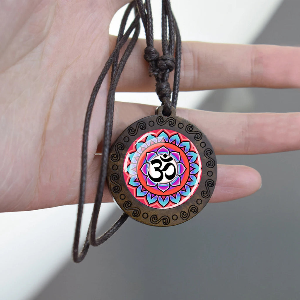 Spiritual Abacus™ Wooden OM Pendant Necklace – Symbol Glass Dome Yoga & Meditation Jewelry