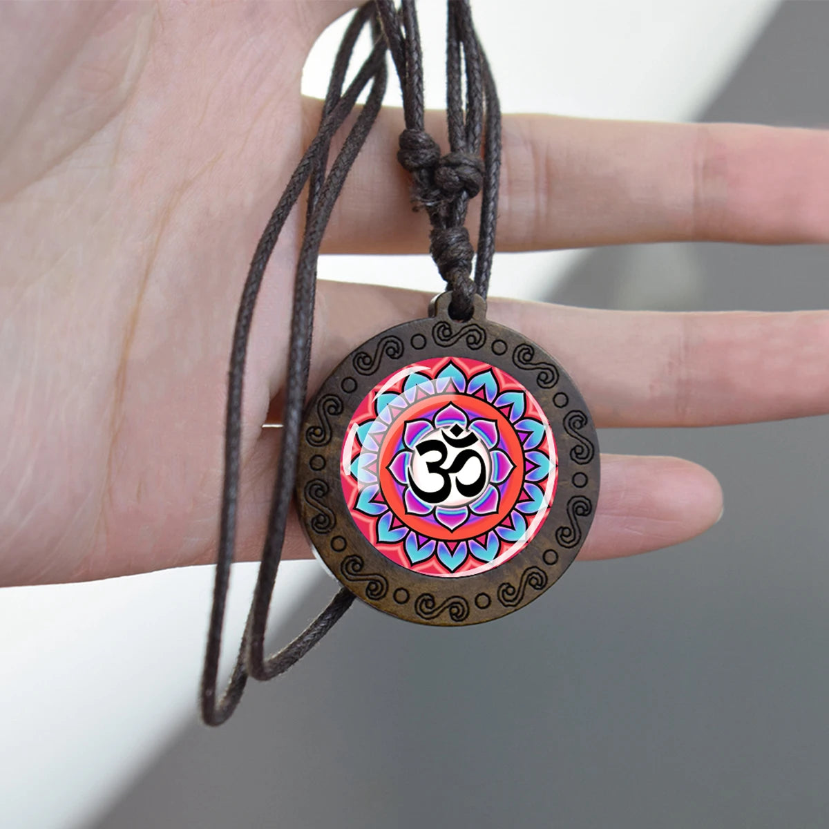 Spiritual Abacus™ Wooden OM Pendant Necklace – Symbol Glass Dome Yoga & Meditation Jewelry