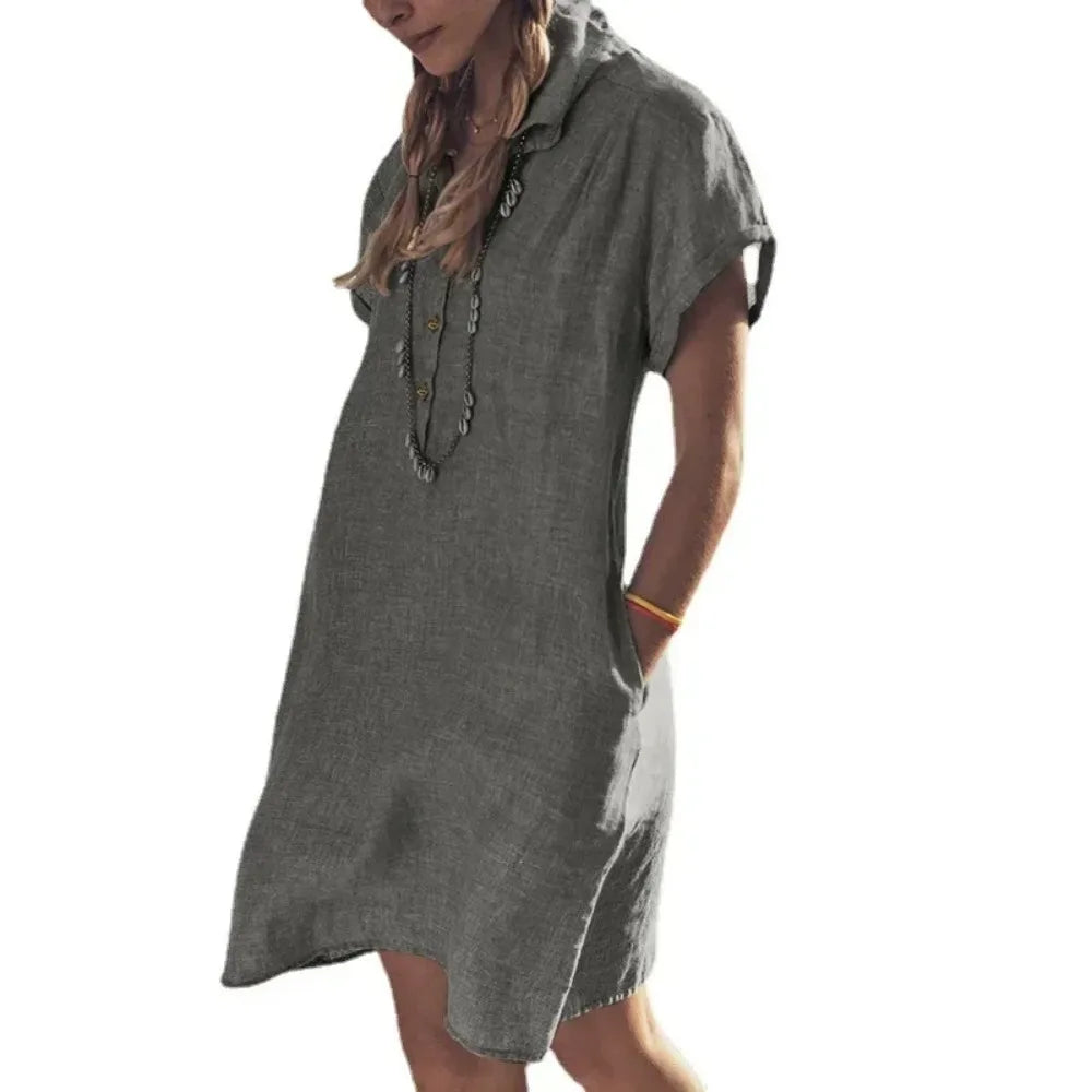 👗 Plus Size Cotton & Linen Summer Button Dress (L–5XL)
Short Sleeve • Lapel Collar • Solid Color • Loose Fit with Pockets