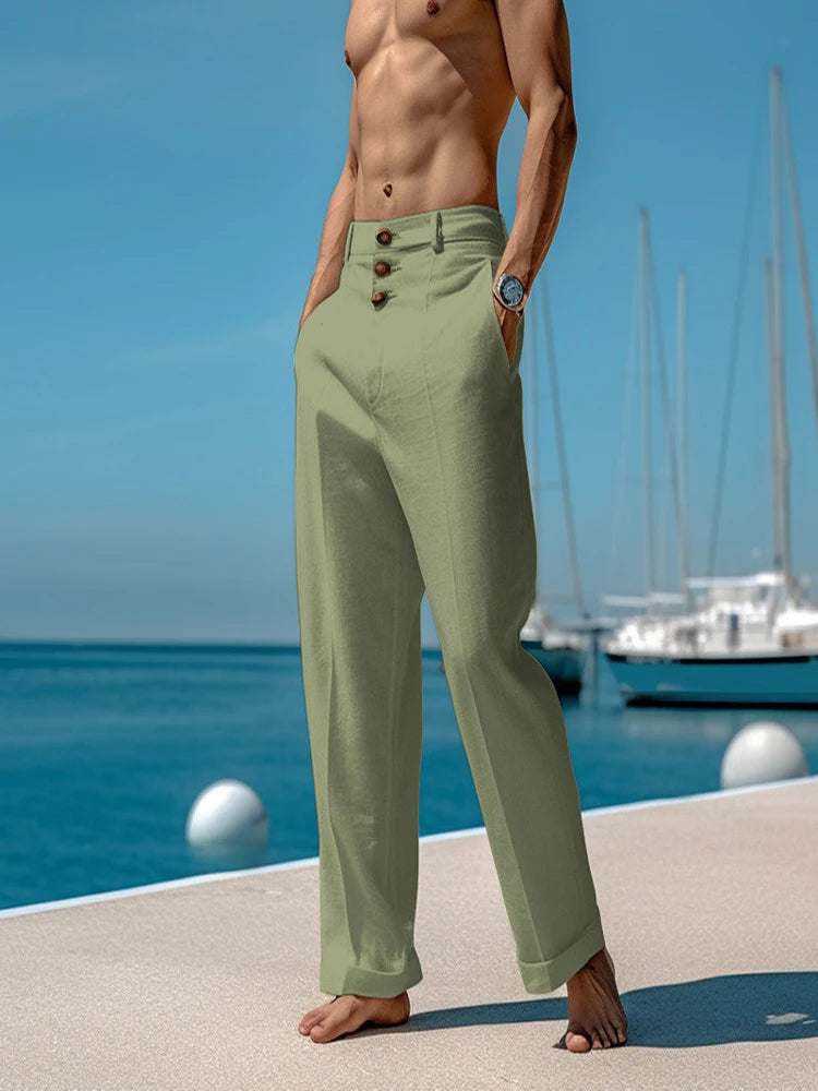 🌬️ Spiritual Abacus – Men’s Cotton Linen Casual Beach Pants - Solid Color • Buttoned • Loose Fit • Breathable Long Trousers for Spring/Summer Streetwear