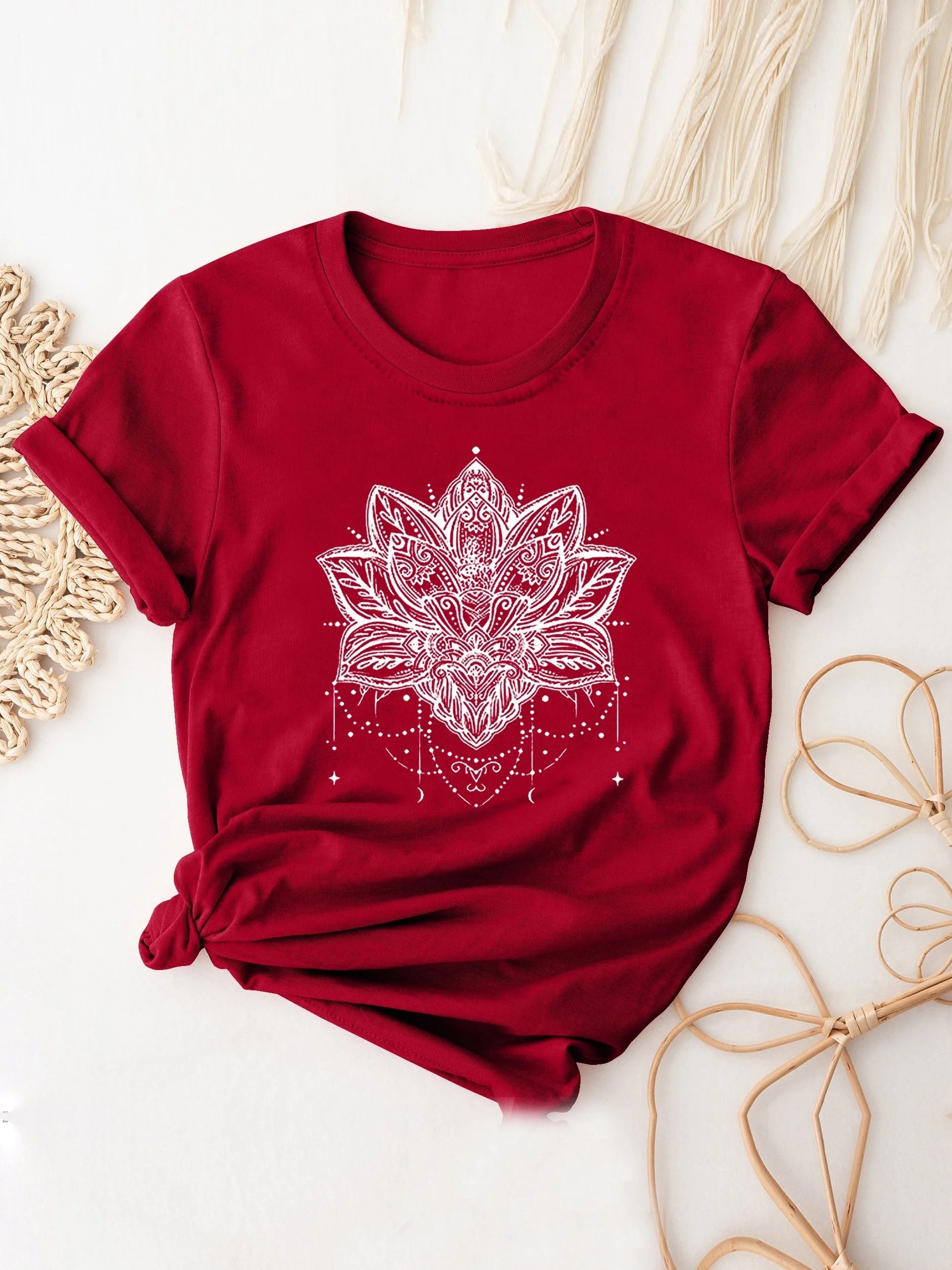👚Spiritiual Abacus Plus Size Casual T-shirt, Women's Plus Mandala Print Short Sleeve Round Neck Slight Stretch T-shirt