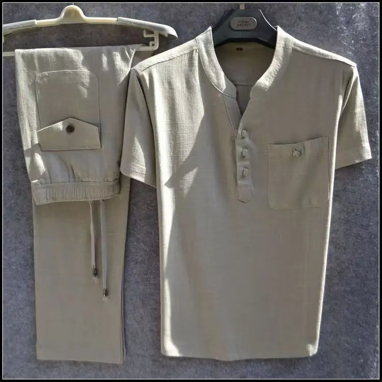 Spiritual Abacus™ Men’s Cotton-Linen Short-Sleeve Shirt & Shorts Set – Summer Casual Solid Color Outfit