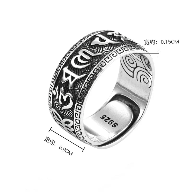 💍 Spiritual Abacus 925 Sterling Silver Mantra Ring Adjustable Retro Buddhist Om Mani Padme Hum Ring for Men