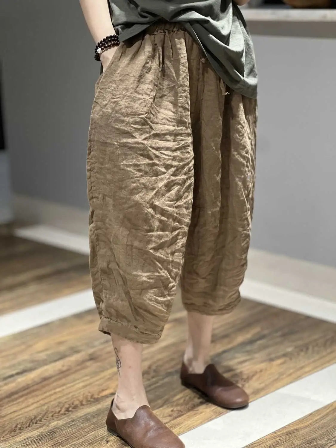 🌀 Spiritual Abacus – Cotton Linen Cropped Harem Pants (Unisex) - Solid Color • Elastic Waist • Loose Fit • Retro Casual Style