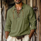 👕🪵 Spiritual Abacus – Men’s Renaissance Pirate Shirt - Medieval Viking-Inspired • V-Neck Tie-Up • Cotton Linen Long Sleeve Top
