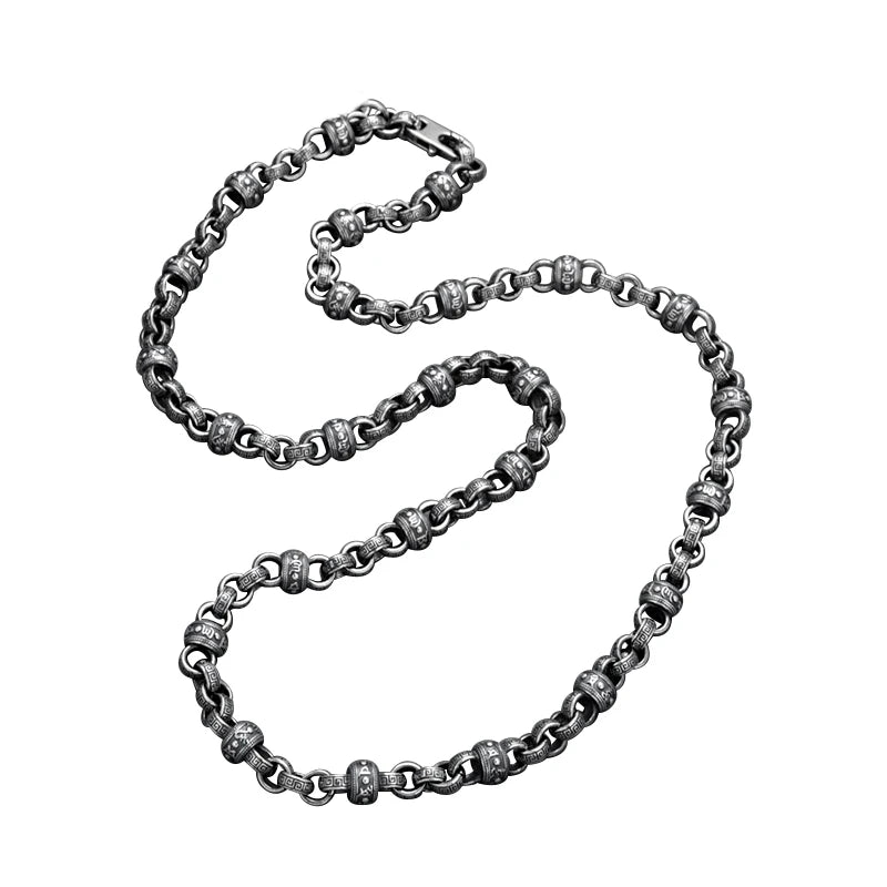 Spiritual Abacus™ Silver Six-Character Pendant Necklace – Vintage Men’s Retro Chain with Artistic Mantra Design