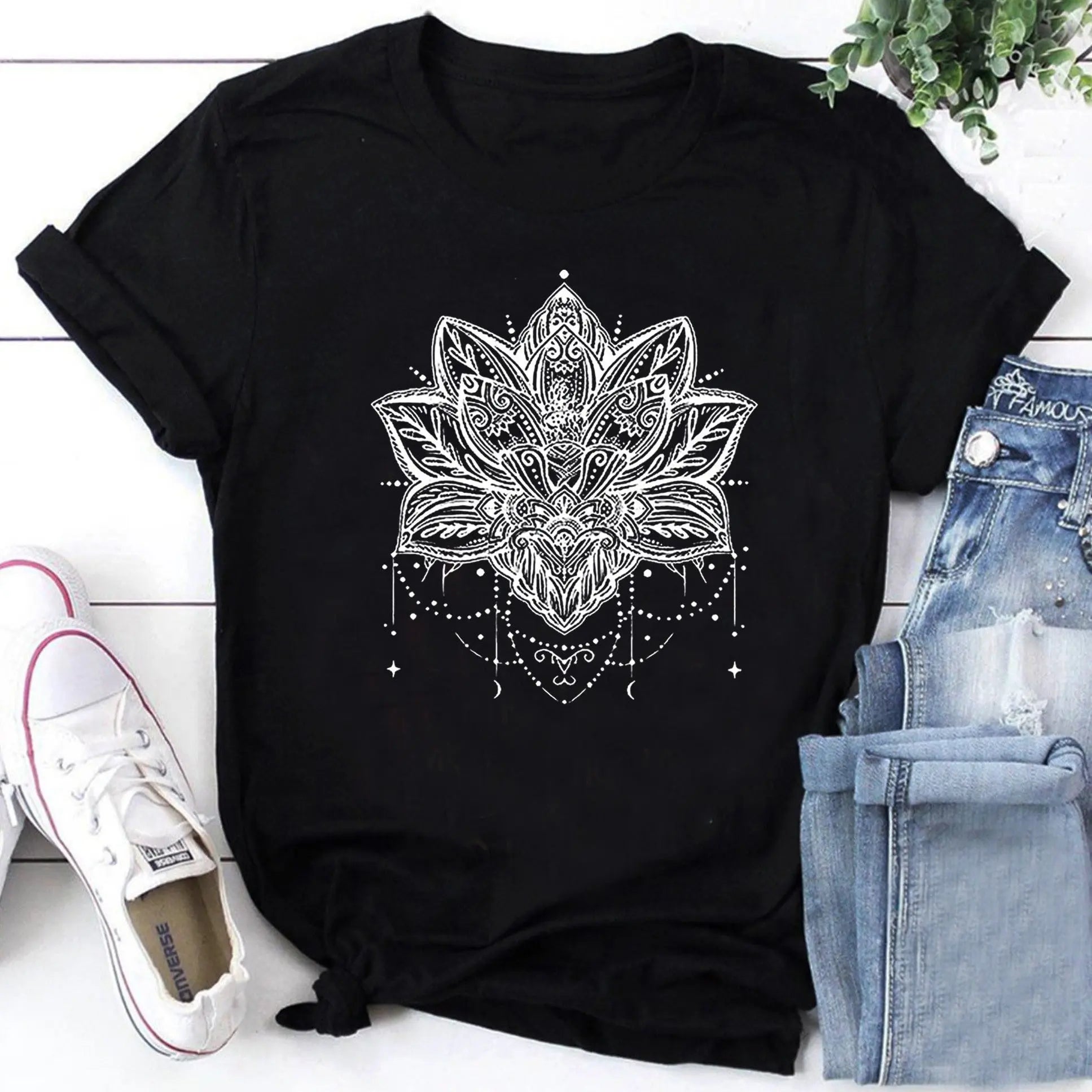 👚Spiritiual Abacus Plus Size Casual T-shirt, Women's Plus Mandala Print Short Sleeve Round Neck Slight Stretch T-shirt