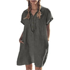 👗 Plus Size Cotton & Linen Summer Button Dress (L–5XL)
Short Sleeve • Lapel Collar • Solid Color • Loose Fit with Pockets