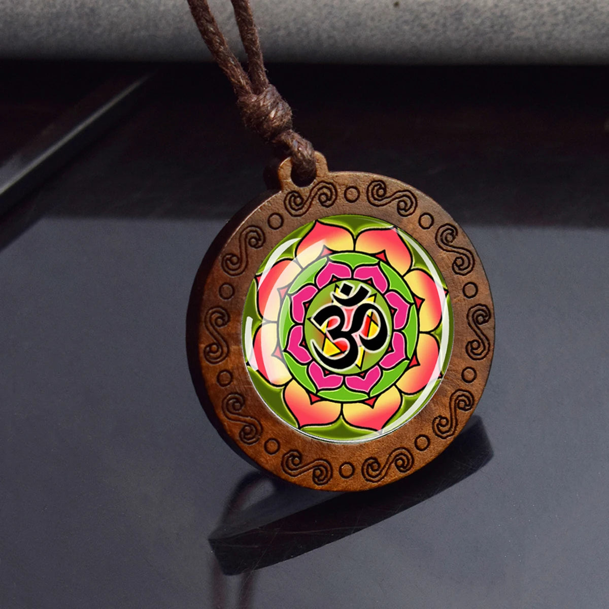 Spiritual Abacus™ Wooden OM Pendant Necklace – Symbol Glass Dome Yoga & Meditation Jewelry