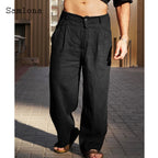 Spiritual Abacus™ Men Casual Loose Beach Pants Solid Brown White Soft Cotton Linen Trousers Plus Size