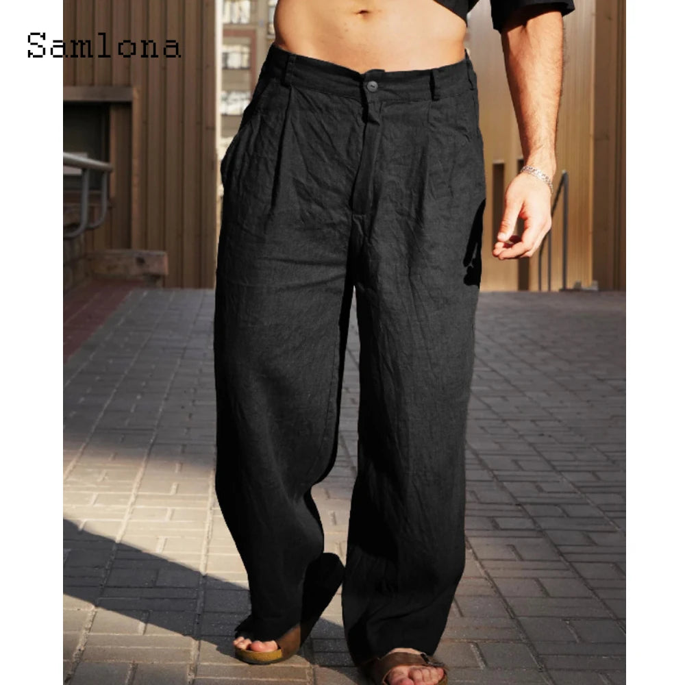 Spiritual Abacus™ Men Casual Loose Beach Pants Solid Brown White Soft Cotton Linen Trousers Plus Size