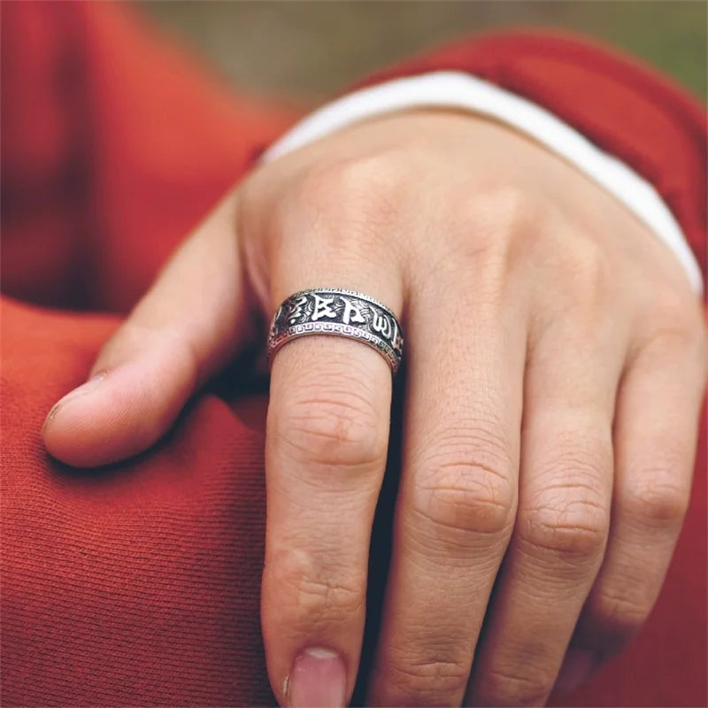 💍 Spiritual Abacus 925 Sterling Silver Mantra Ring Adjustable Retro Buddhist Om Mani Padme Hum Ring for Men