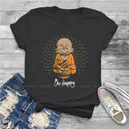 Spiritual Abacus™ “Be Happy” Buddha Graphic T-Shirt – Women’s Cotton Mindful Streetwear Tee