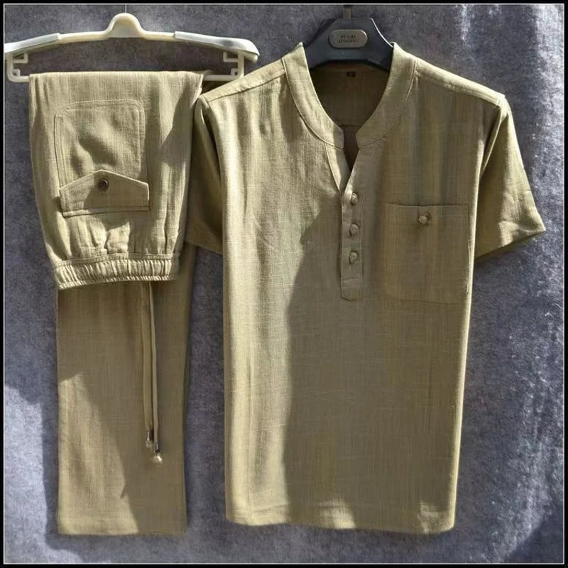 Spiritual Abacus™ Men’s Cotton-Linen Short-Sleeve Shirt & Shorts Set – Summer Casual Solid Color Outfit