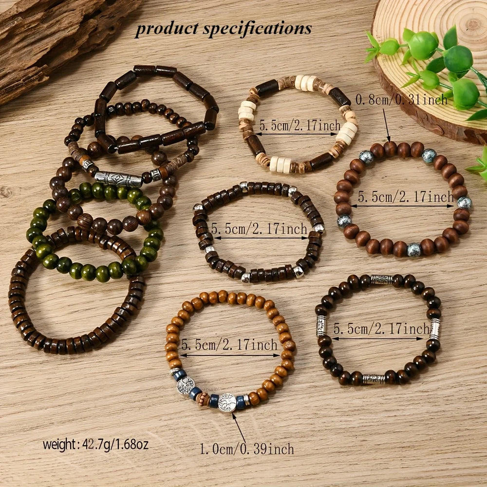 🌿 Spiritual Abacus – 10pcs Boho Ethnic Beaded Bracelet Set for Men | Multi-Layer Wooden Beads & Tree of Life Stackable Bracelets