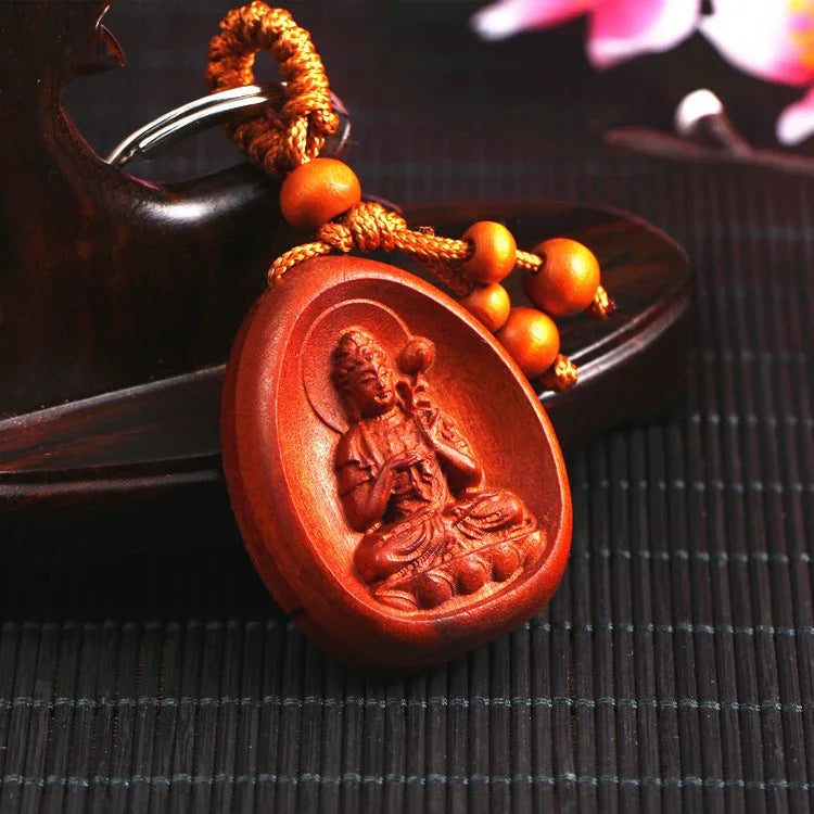 Spiritual Abacus™ Wooden Buddha Keychain – Hand-Carved Guanyin & Monk-Inspired Lucky Charm Pendant for Car, Bag & Keys