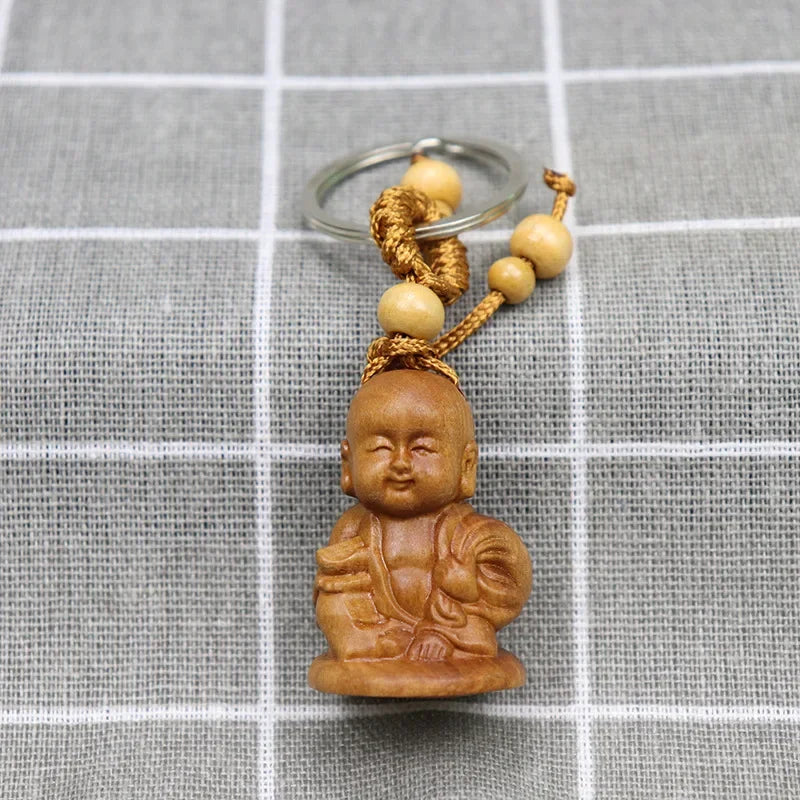 Spiritual Abacus™ Wooden Buddha Keychain – Hand-Carved Guanyin & Monk-Inspired Lucky Charm Pendant for Car, Bag & Keys