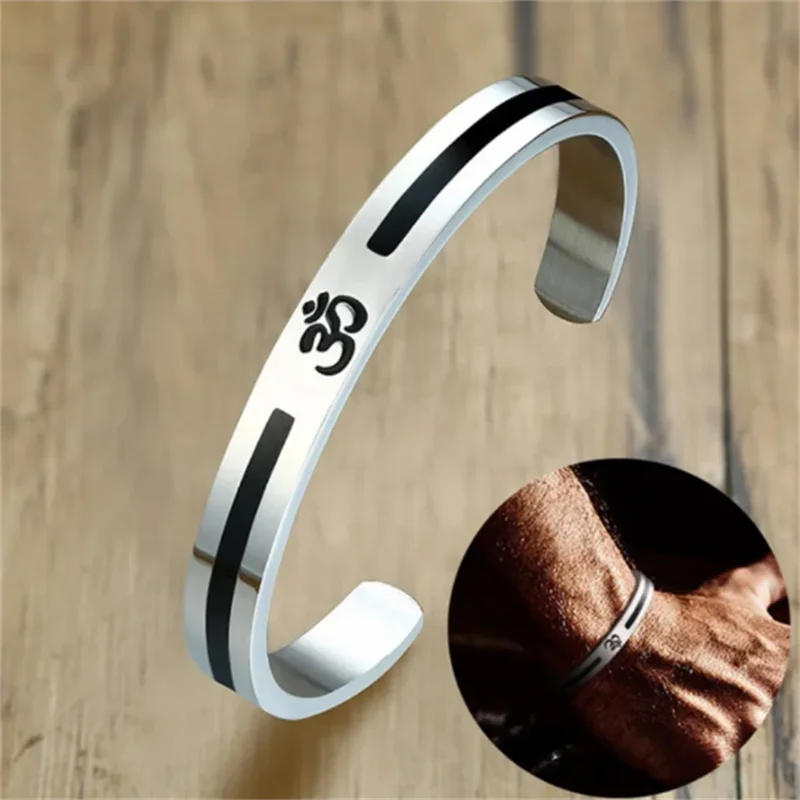 🕉 Spiritual Abacus Stainless Steel OM Cuff Bracelet – Silver Color Open Bangle for Men & Women