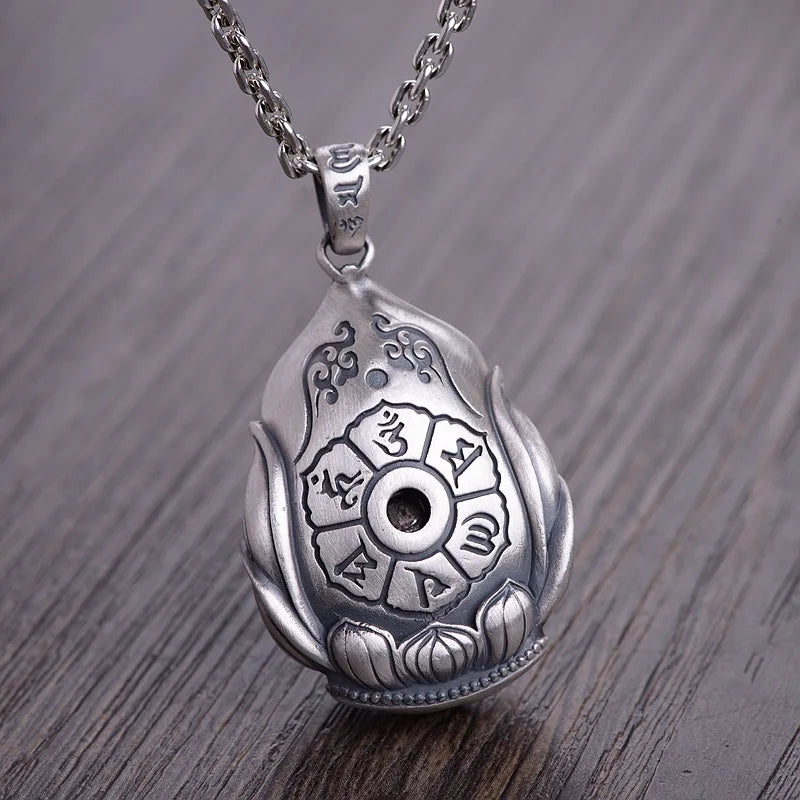 Spiritual Abacus™ 999 Sterling Silver Guanyin & Buddha Mantra Pendant – Lotus Design Retro Amulet Necklace with Six-Word Engraving