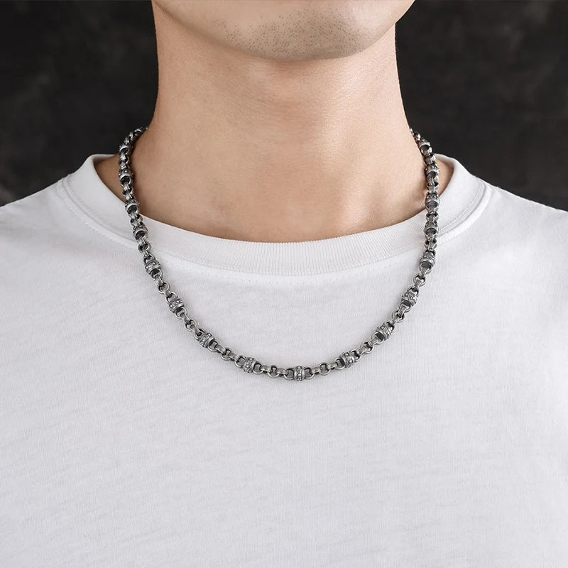 Spiritual Abacus™ Silver Six-Character Pendant Necklace – Vintage Men’s Retro Chain with Artistic Mantra Design