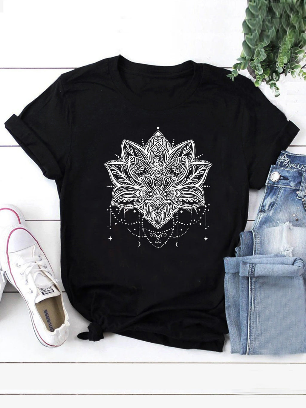 👚Spiritiual Abacus Plus Size Casual T-shirt, Women's Plus Mandala Print Short Sleeve Round Neck Slight Stretch T-shirt