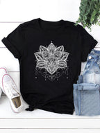 👚Spiritiual Abacus Plus Size Casual T-shirt, Women's Plus Mandala Print Short Sleeve Round Neck Slight Stretch T-shirt