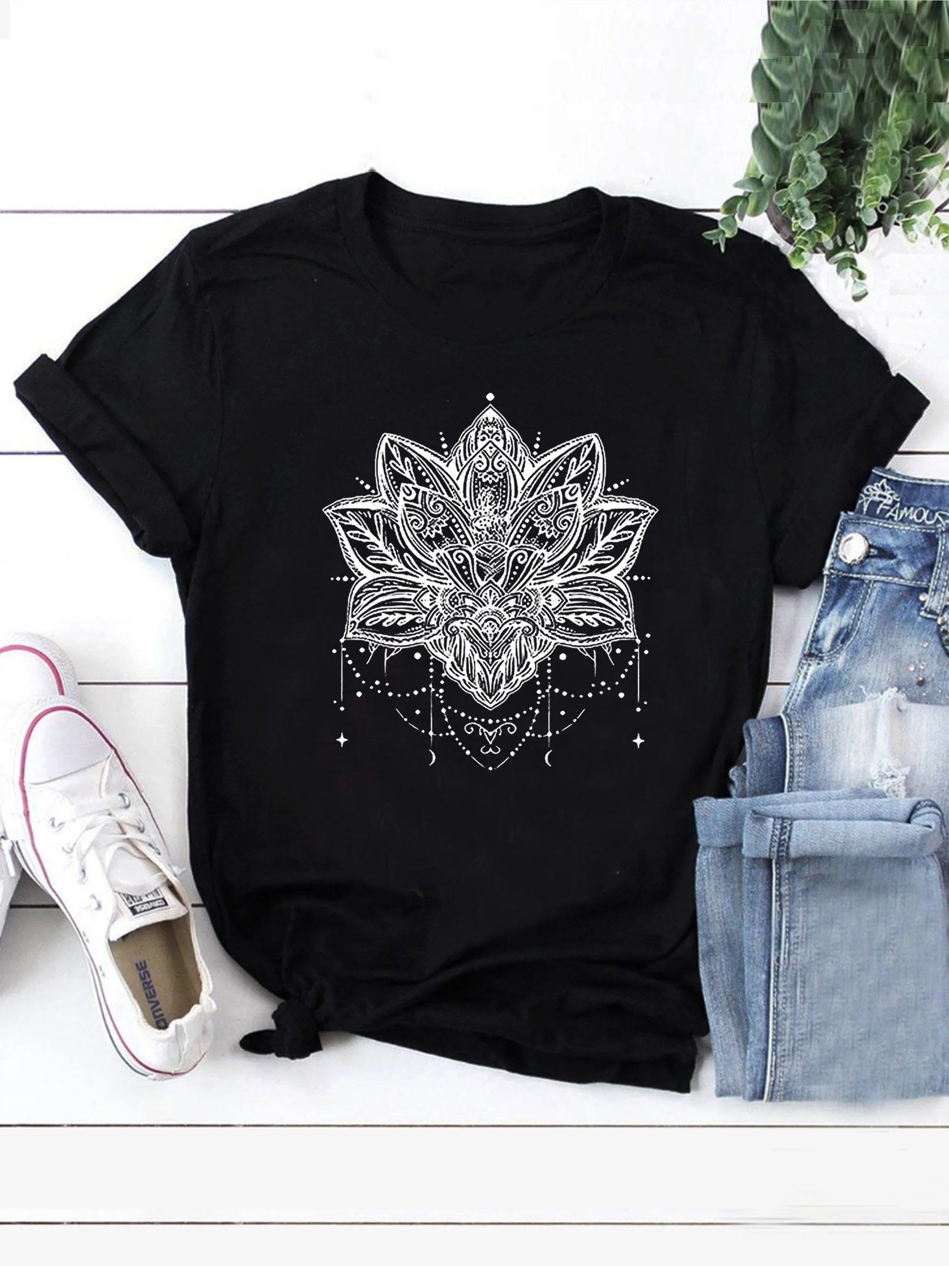 👚Spiritiual Abacus Plus Size Casual T-shirt, Women's Plus Mandala Print Short Sleeve Round Neck Slight Stretch T-shirt