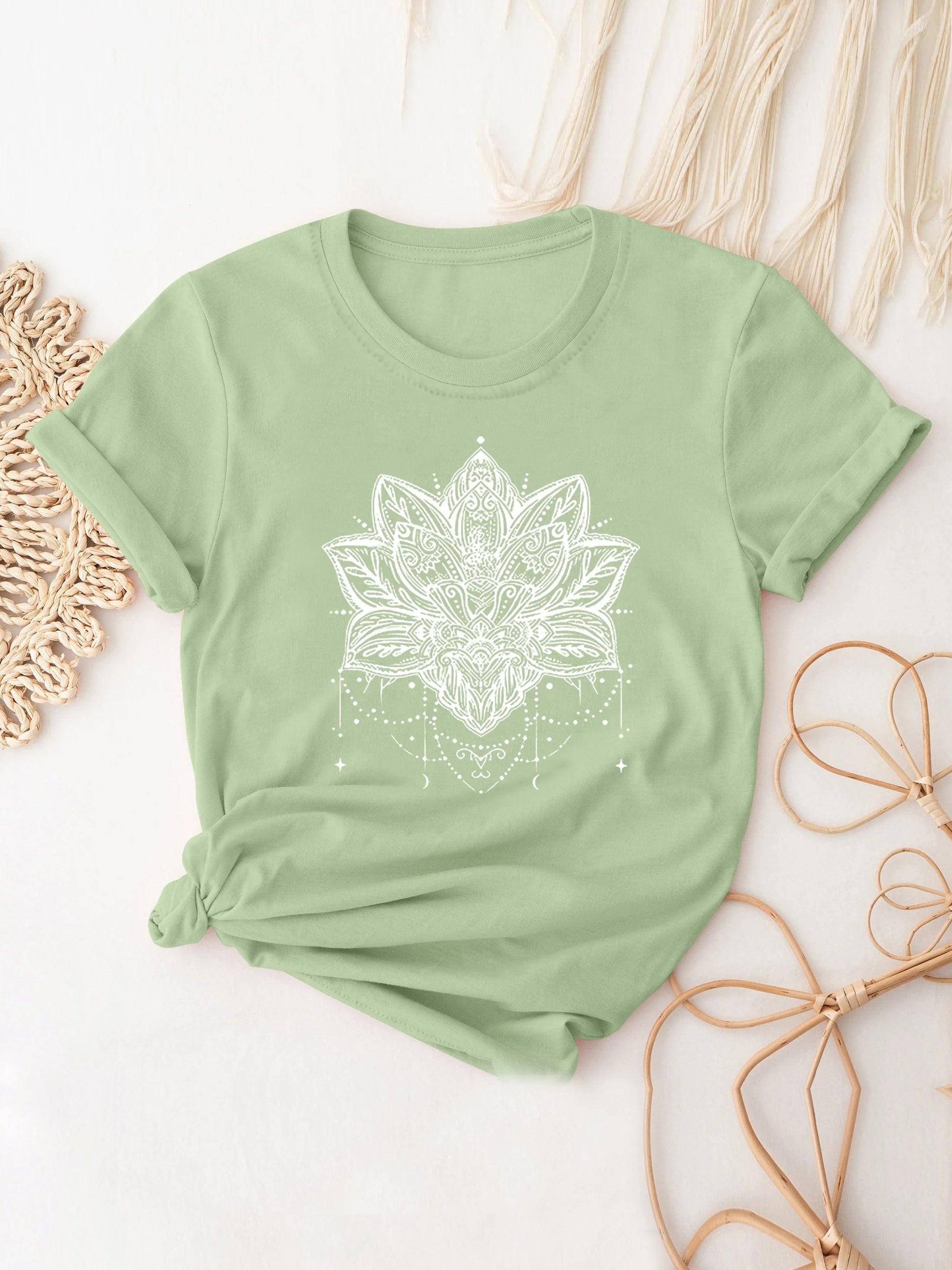 👚Spiritiual Abacus Plus Size Casual T-shirt, Women's Plus Mandala Print Short Sleeve Round Neck Slight Stretch T-shirt