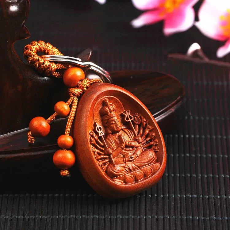 Spiritual Abacus™ Wooden Buddha Keychain – Hand-Carved Guanyin & Monk-Inspired Lucky Charm Pendant for Car, Bag & Keys