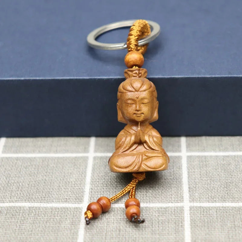 Spiritual Abacus™ Wooden Buddha Keychain – Hand-Carved Guanyin & Monk-Inspired Lucky Charm Pendant for Car, Bag & Keys