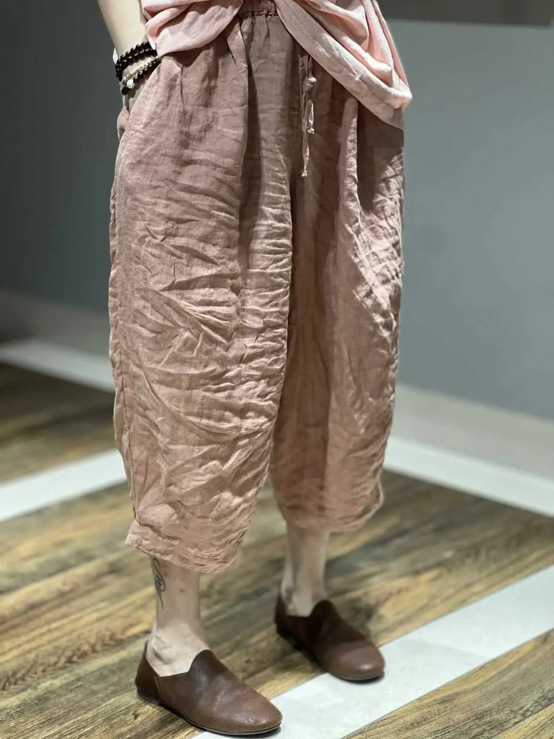 🌀 Spiritual Abacus – Cotton Linen Cropped Harem Pants (Unisex) - Solid Color • Elastic Waist • Loose Fit • Retro Casual Style