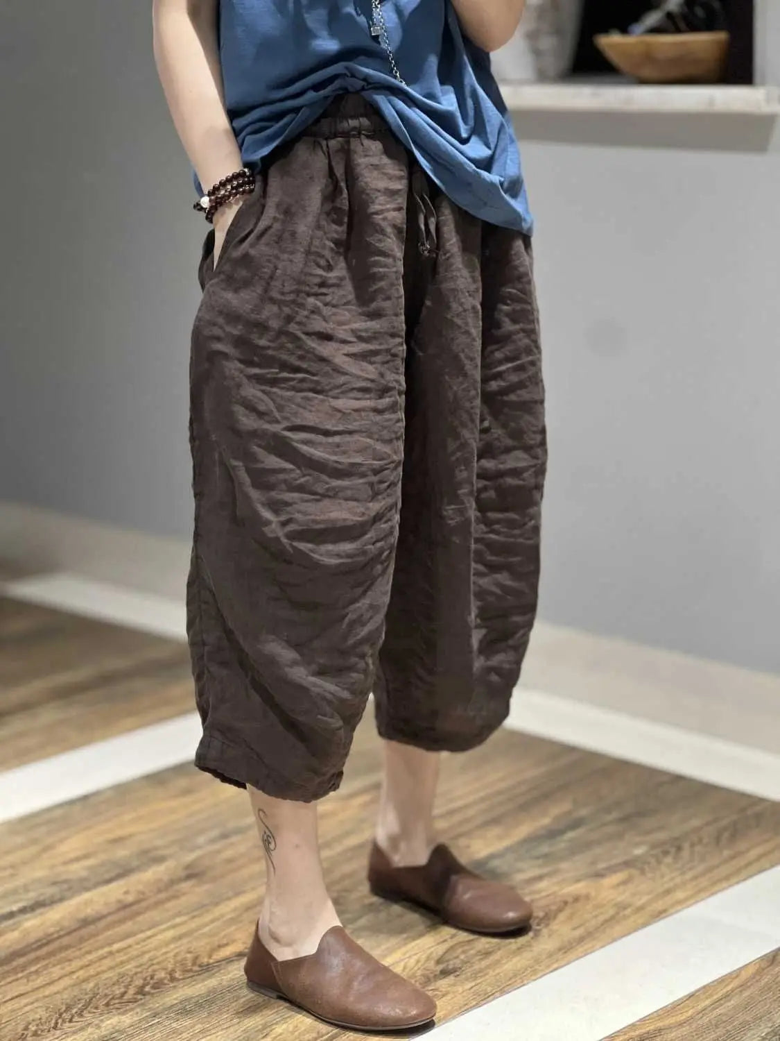 🌀 Spiritual Abacus – Cotton Linen Cropped Harem Pants (Unisex) - Solid Color • Elastic Waist • Loose Fit • Retro Casual Style