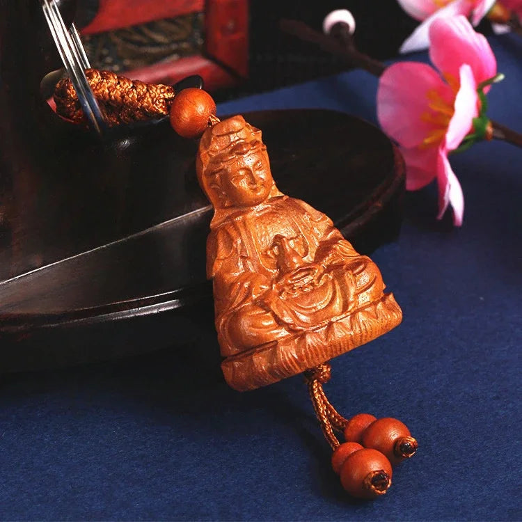 Spiritual Abacus™ Wooden Buddha Keychain – Hand-Carved Guanyin & Monk-Inspired Lucky Charm Pendant for Car, Bag & Keys