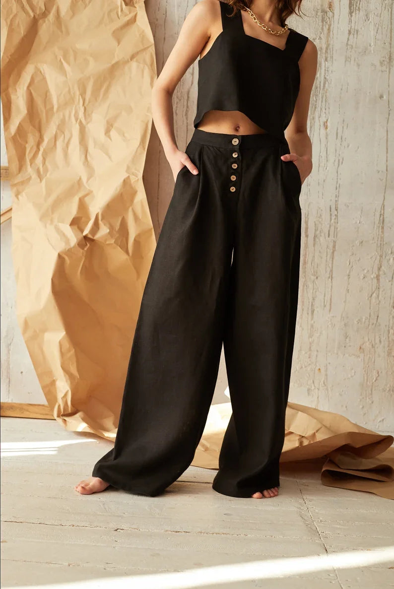 ✨ Spiritual Abacus – Women’s Cotton Linen High-Waist Wide-Leg Pants - Button-Up • Harajuku Streetwear • Korean-Inspired Casual Summer Trousers
