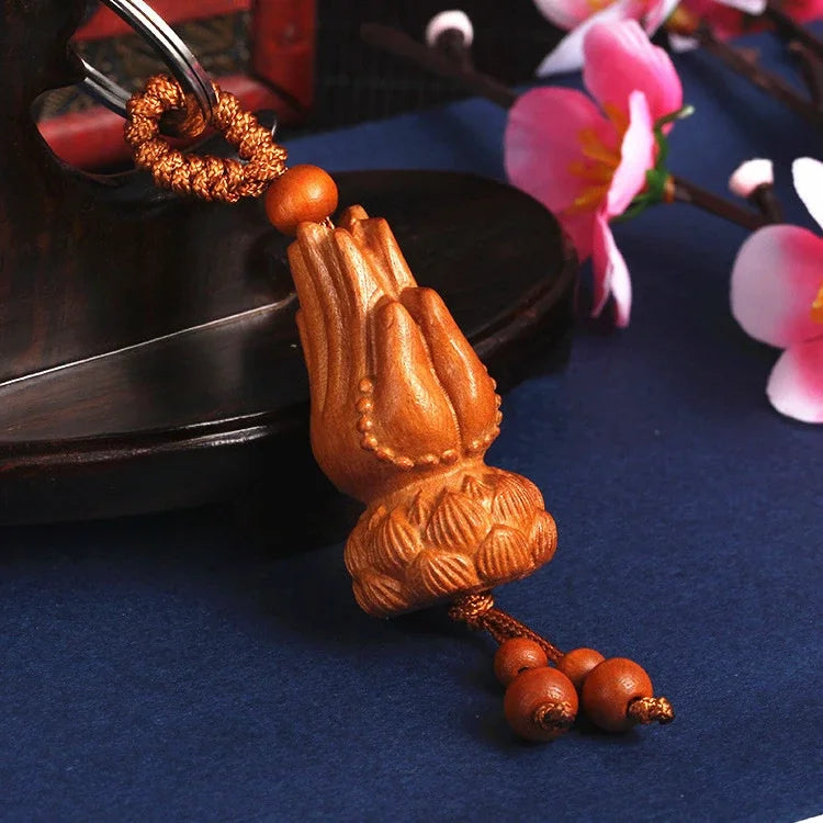 Spiritual Abacus™ Wooden Buddha Keychain – Hand-Carved Guanyin & Monk-Inspired Lucky Charm Pendant for Car, Bag & Keys