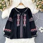 👚Spiritual Abacus – Retro Ethnic Embroidered Cotton Linen Top for Women - Loose Fit • Slimming Cut • Overhead Pullover Style • Spring & Autumn Comfort