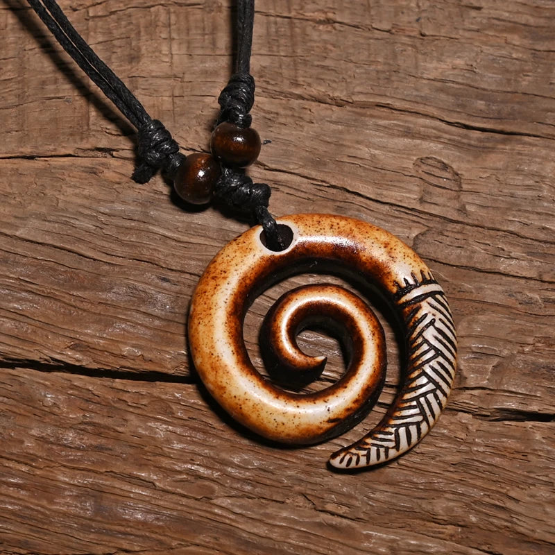 🌿 Spiritual Abacus Māori Spiral Koru Necklace – Tribal Style Imitation Yak Bone Pendant